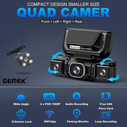 كاميرا داش كام ذات 4 قنوات عرض 360 درجة، 5G واي فاي والتحكم في التطبيق، GEMEK 2K أمامي وخلفي من الداخل، كاميرا داش يمين يسار للسيارات بطاقة TF سعة 64 جيجابايت مجانية، مستشعر G، رؤية ليلية، وضع انتظار السيارات 24 ساعة in Kuwait
