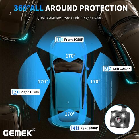 360 Degree View 4 Channel Dash Cam 5G WiFi & APP Control, GEMEK 2K Front and Rear Inside, Left Right Dash Camera for Cars Free 64GB TF Card, G-Sensor, Night Vision, 24H Parking Mode in Saudi Arabia