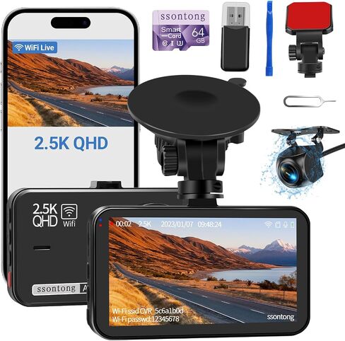 Dash Cam Front and Rear, 2.5K Front 1080P Rear WiFi App Control w/64GB Card | Super Night Vision,Loop Recording,G-Sensor Dash Camera for Car Supports Up to 256GB Card,Wide Angle Lens,Parking Mode Dashcam in Saudi Arabia