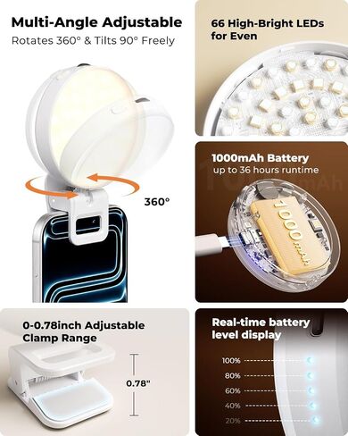 Viozon Selfie Light for iPhone Laptop, 3" Compact Clip on LED Phone Light with 360° Rotation, 1000mAh Type-C Rechargeable Zoom Meeting Light, 36H Runtime, Stepless Dimming 2800K-6500K, White in Saudi Arabia