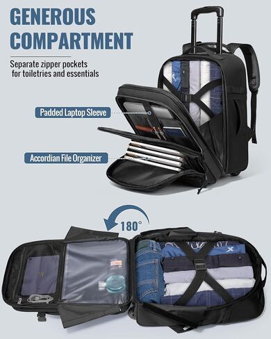 17 Inch Rolling Tactical Laptop Backpack with Wheels for Men, Black | Wheeled Carry-On Luggage, 17" Laptop Sleeve, Accordion File Organizer, Molle Loop Panel, 3 Carrying Options in Saudi Arabia