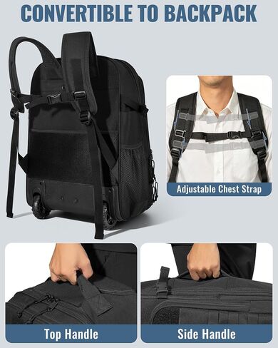 17 Inch Rolling Tactical Laptop Backpack with Wheels for Men, Black | Wheeled Carry-On Luggage, 17" Laptop Sleeve, Accordion File Organizer, Molle Loop Panel, 3 Carrying Options in Saudi Arabia