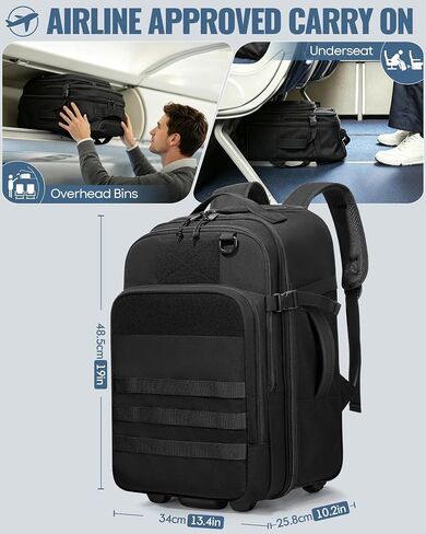 17 Inch Rolling Tactical Laptop Backpack with Wheels for Men, Black | Wheeled Carry-On Luggage, 17" Laptop Sleeve, Accordion File Organizer, Molle Loop Panel, 3 Carrying Options in Saudi Arabia