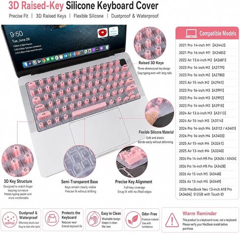 Pink Silicone Keyboard Cover for Long Nails, Raised Keys for Acrylic Nails - Thin Laptop Keyboard Cover Skin, Dustproof & Washable, Compatible with MacBook Neo/Air/Pro 13" 14" 16" (2020-2026) in Saudi Arabia