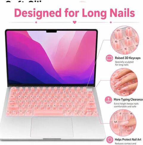 Pink Silicone Keyboard Cover for Long Nails, Raised Keys for Acrylic Nails - Thin Laptop Keyboard Cover Skin, Dustproof & Washable, Compatible with MacBook Neo/Air/Pro 13" 14" 16" (2020-2026) in Saudi Arabia