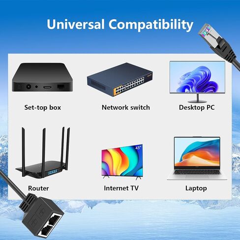RJ45 1 Male to 2 x Female LAN Splitter Network Adapter Cable Suitable Super Cat5, Ethernet Splitter Cable Suitable Super Cat5e, Cat6, Cat7 Cat 8 LAN Ethernet Socket Connector Adapter in Kuwait