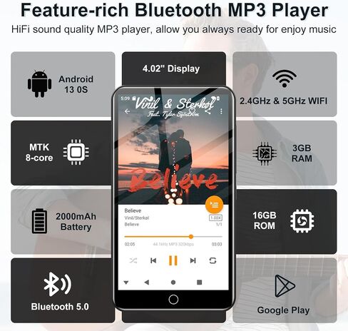 Android 13 MP3 Player with Bluetooth and WiFi, MP3 MP4 Players with 4" Touchscreen and Speaker, Spotify Music Players with Audible, Parental Controls, Amazon Music, Play Store (16GB, Black) in Saudi Arabia