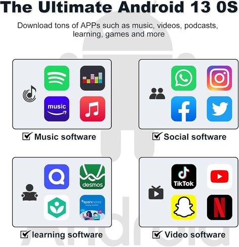 Android 13 MP3 Player with Bluetooth and WiFi, MP3 MP4 Players with 4" Touchscreen and Speaker, Spotify Music Players with Audible, Parental Controls, Amazon Music, Play Store (16GB, Black) in Saudi Arabia