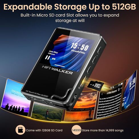 HIFI WALKER Hi-Res MP3 Player with Bluetooth, H2 Touch 2.4" HD Touchscreen, DSD/FLAC Lossless Audio Player, 128GB SD Card Included, Supports up to 512GB in Kuwait