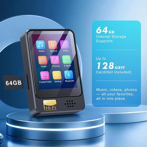 Fohil 64 GB MP3 Player with Bluetooth 5.2, HiFi Sound Quality MP3 Player | 128GB TF Card Expansion, FM Radio and E-Book Reader, Built-In Speaker; Best Gift for Music Lovers in Saudi Arabia