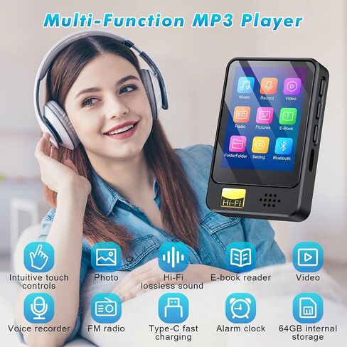 Fohil 64 GB MP3 Player with Bluetooth 5.2, HiFi Sound Quality MP3 Player | 128GB TF Card Expansion, FM Radio and E-Book Reader, Built-In Speaker; Best Gift for Music Lovers in Saudi Arabia