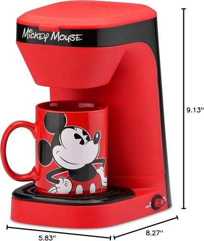 Disney Mickey Mouse 1-Cup Coffee Maker with 12 oz Mug by Select Brands - Kitchen Appliance for Drip Coffee - Home Appliance with Mickey Mouse Mug & Removable Drip Tray - Removable Filter Basket | Drip Coffee Maker with Mickey Mouse Mug, Removable Drip Tra in Saudi Arabia