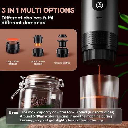 Portable Coffee Maker Espresso Machine Cafetera Portatil Personal Rechargeable Coffee Maker Small for Travel Camping usb-c Battery Espresso Maker, 3-IN-1 Compatible with Ground Coffee & NS Capsule in Saudi Arabia