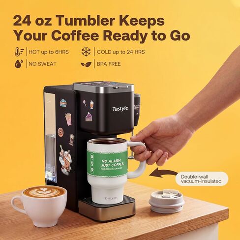 Tastyle BrewKit Single Serve Coffee Maker with Frother for K‑Cup & Ground | Includes 24 Oz Tumbler, Pitcher, Turntable & 5D Decor Stickers, 40 Oz Removable Tank, 3 Brew Styles, up to 24 Oz Cup Sizes in Saudi Arabia