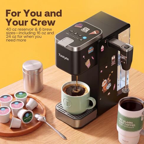Tastyle BrewKit Single Serve Coffee Maker with Frother for K‑Cup & Ground | Includes 24 Oz Tumbler, Pitcher, Turntable & 5D Decor Stickers, 40 Oz Removable Tank, 3 Brew Styles, up to 24 Oz Cup Sizes in Saudi Arabia