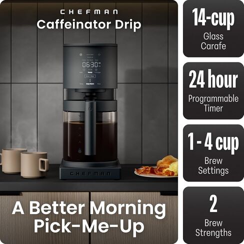 Chefman Caffeinator Programmable Drip Coffee Maker, 14-Cup Glass Carafe with 1-4 Cup Brewing, Classic & Bold Settings, 24-Hour Timer, Customizable Warming Plate, Reusable GoldTone Filter - Midnight in Saudi Arabia
