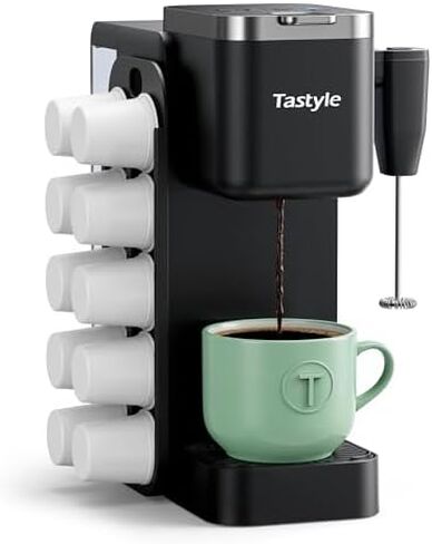 Tastyle Single Serve Coffee Maker with Built-in Detachable Milk Frother & Magnetic K-Pod Organizer, 6 Cup Sizes, Fits 7.3" Travel Mug, Black in Saudi Arabia