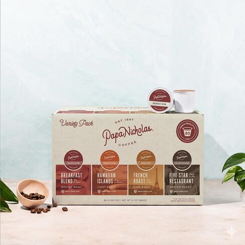 Papanicholas Coffee Variety Regular Pack Single Serve Cups, Breakfast Blend, Hawaiian Islands, French Roast and Five Star Restaurant, 100% Arabica, Compatible with Keurig K-Cup Brewers, 80 Count in Saudi Arabia