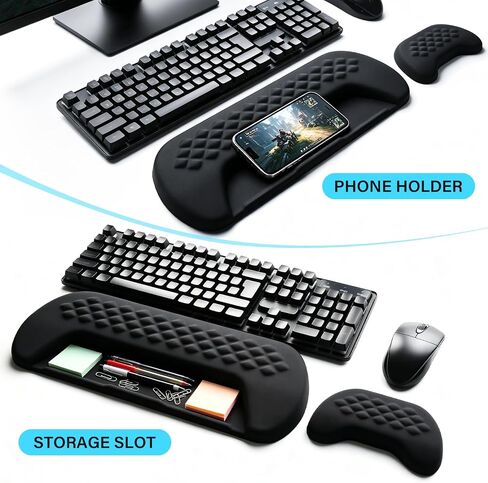 JIKIOU Wrist Rest for Keyboard and Mouse, Soft Memory Foam Wrist Rest Black | Massage Design, Non-Slip PU Base, Built-In Phone Holder & Storage Slot, Ergonomic Slope Design for Easy Typing, Pain Relief in Kuwait