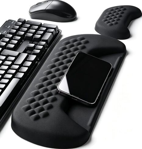JIKIOU Wrist Rest for Keyboard and Mouse, Soft Memory Foam Wrist Rest Black | Massage Design, Non-Slip PU Base, Built-In Phone Holder & Storage Slot, Ergonomic Slope Design for Easy Typing, Pain Relief in Kuwait