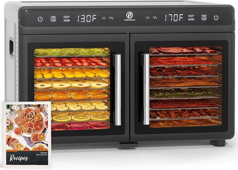 HOPERAN Dual Zone Food Dehydrator, 16 Stainless Steel Trays, Keep Warm Mode | 1200W, Independent Temp & Timer Control, for Jerky, Fruit, Herbs, Dog Treats, Meats & Veggies, Gift Boxed with Recipe Book in Saudi Arabia