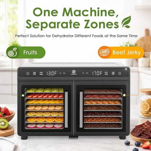 HOPERAN Dual Zone Food Dehydrator, 16 Stainless Steel Trays, Keep Warm Mode | 1200W, Independent Temp & Timer Control, for Jerky, Fruit, Herbs, Dog Treats, Meats & Veggies, Gift Boxed with Recipe Book in Saudi Arabia