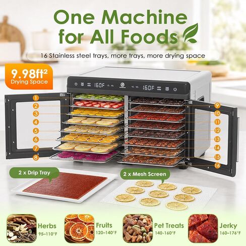HOPERAN Dual Zone Food Dehydrator, 16 Stainless Steel Trays, Keep Warm Mode | 1200W, Independent Temp & Timer Control, for Jerky, Fruit, Herbs, Dog Treats, Meats & Veggies, Gift Boxed with Recipe Book in Saudi Arabia