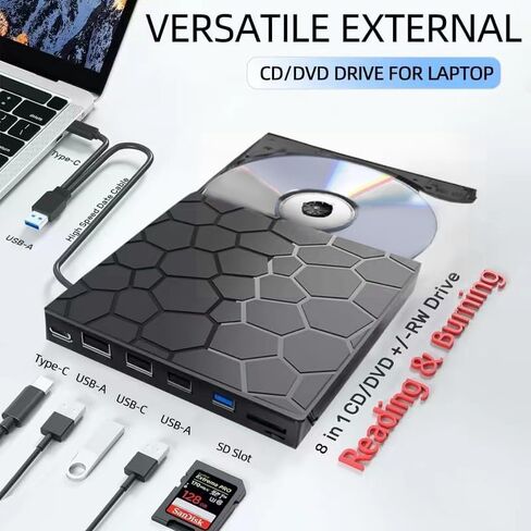 محرك أقراص CD/DVD خارجي للكمبيوتر المحمول، مشغل DVD محمول لأجهزة الكمبيوتر المحمول، 8 في 1 USB 3.0 CD/DVD-ROM +/-RW CD Burner، محرك أقراص مضغوطة قارئ أقراص USB خارجي متوافق مع سطح المكتب Mac، Windows 11/10/8/7 Linux in Kuwait