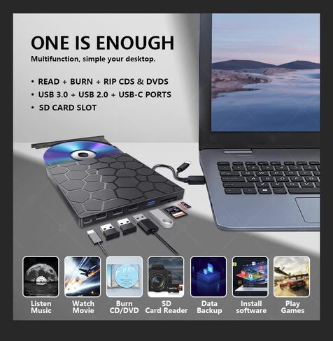 محرك أقراص CD/DVD خارجي للكمبيوتر المحمول، مشغل DVD محمول لأجهزة الكمبيوتر المحمول، 8 في 1 USB 3.0 CD/DVD-ROM +/-RW CD Burner، محرك أقراص مضغوطة قارئ أقراص USB خارجي متوافق مع سطح المكتب Mac، Windows 11/10/8/7 Linux in Kuwait