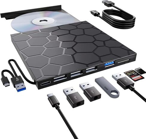 محرك أقراص CD/DVD خارجي للكمبيوتر المحمول، مشغل DVD محمول لأجهزة الكمبيوتر المحمول، 8 في 1 USB 3.0 CD/DVD-ROM +/-RW CD Burner، محرك أقراص مضغوطة قارئ أقراص USB خارجي متوافق مع سطح المكتب Mac، Windows 11/10/8/7 Linux in Kuwait