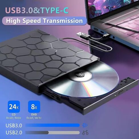محرك أقراص CD/DVD خارجي للكمبيوتر المحمول، مشغل DVD محمول لأجهزة الكمبيوتر المحمول، 8 في 1 USB 3.0 CD/DVD-ROM +/-RW CD Burner، محرك أقراص مضغوطة قارئ أقراص USB خارجي متوافق مع سطح المكتب Mac، Windows 11/10/8/7 Linux in Kuwait