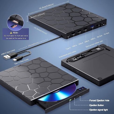 محرك أقراص CD/DVD خارجي للكمبيوتر المحمول، مشغل DVD محمول لأجهزة الكمبيوتر المحمول، 8 في 1 USB 3.0 CD/DVD-ROM +/-RW CD Burner، محرك أقراص مضغوطة قارئ أقراص USB خارجي متوافق مع سطح المكتب Mac، Windows 11/10/8/7 Linux in Kuwait