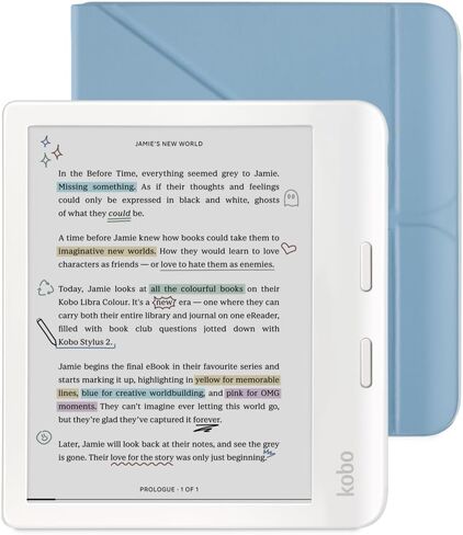 Kobo Libra Colour White eReader & Dusk Blue SleepCover Bundle | 7" Glare-Free Colour E Ink Kaleido 3 Display | Dark Mode Option | Waterproof | Built-in-2-Way Stand Cover in Saudi Arabia