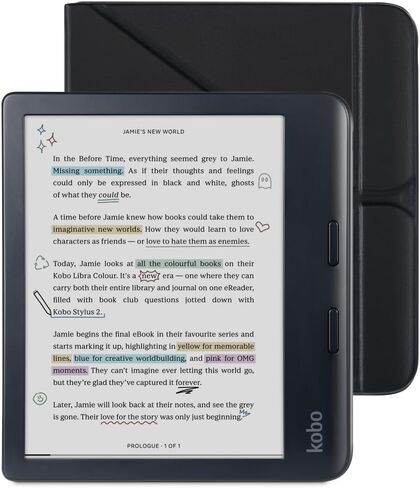Kobo Libra Colour Black eReader & Black SleepCover Bundle | 7" Glare-Free Colour E Ink Kaleido 3 Display | Dark Mode Option | Waterproof | Built-in-2-Way Stand Cover in Saudi Arabia