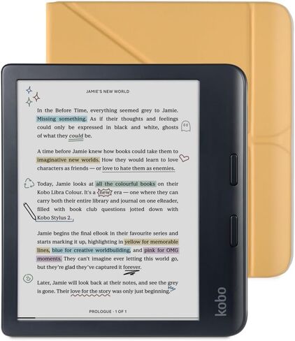 Kobo Libra Colour Black eReader & Butter Yellow SleepCover Bundle | 7" Glare-Free Colour E Ink Kaleido 3 Display | Dark Mode Option | Waterproof | Built-in-2-Way Stand Cover in Saudi Arabia
