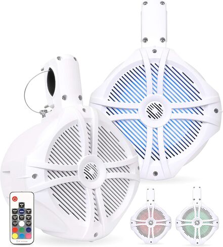 BELVA BWT8LED 600W Peak (300W RMS) 8 بوصات مكبرات صوت برج بحري أبيض | مع إضاءة LED متعددة الألوان وجهاز تحكم عن بعد للقوارب/ATV/UTV/الدراجات النارية/SxS/عربة الجولف in Kuwait