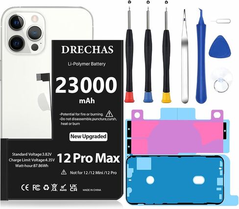 [23000 مللي أمبير] بطارية لهاتف iPhone 12 Pro Max، بطارية بديلة ليثيوم بوليمر بسعة 2026 دورة 0 لهواتف iPhone 12 Pro Max موديلات A2410، A2411، A2412، A2342 مع مجموعة أدوات إصلاح احترافية كاملة in Kuwait