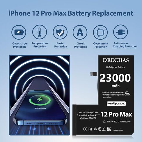 [23000 مللي أمبير] بطارية لهاتف iPhone 12 Pro Max، بطارية بديلة ليثيوم بوليمر بسعة 2026 دورة 0 لهواتف iPhone 12 Pro Max موديلات A2410، A2411، A2412، A2342 مع مجموعة أدوات إصلاح احترافية كاملة in Kuwait
