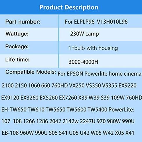 Suitable for ELPLP96 Replacement Projector Bulb for Epson Powerlite Home Cinema 2150 1060 660 760hd 2100 X39 W39 S39 109W VS250 VS350 VS355 EX9210 EX9220 EX3260 EX5260 EX7260 V13H010L96 Lamp in Saudi Arabia