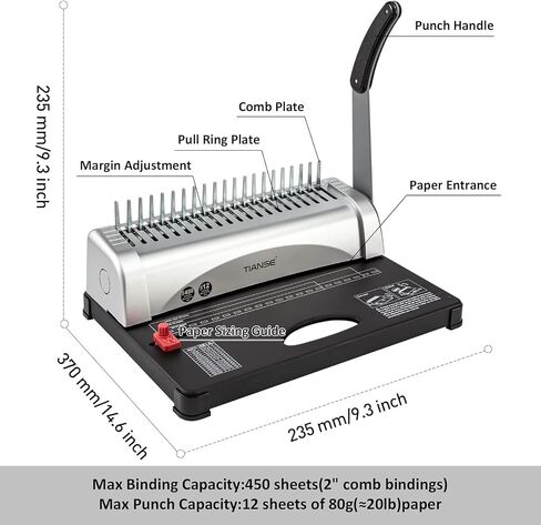 TIANSE Binding Machine, 21-Holes, 450 Sheets, Comb Binding Machines with Starter Kit 100 PCS 3/8'' Comb Binding Spines, Comb Binder Machine Book Maker Perfect for Letter Size, A4, A5 or Smaller Sizes in Saudi Arabia