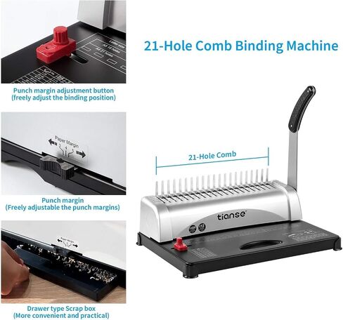 TIANSE Binding Machine, 21-Holes, 450 Sheets, Comb Binding Machines with Starter Kit 100 PCS 3/8'' Comb Binding Spines, Comb Binder Machine Book Maker Perfect for Letter Size, A4, A5 or Smaller Sizes in Saudi Arabia
