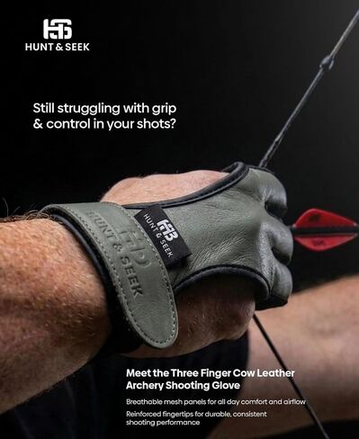 Hunt & Seek Cow Leather Thick Three Finger Archery Shooting Glove for Recurve & Compound Bow – Finger Tab Accessory - Gray, Large in Saudi Arabia