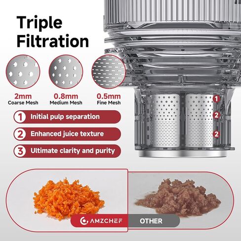 AMZCHEF Cold Press Juicer Machine, 6-Inch Chute for Whole Fruits/Veggies | Triple stainless steel filter, quiet DC motor and easy-clean parts for smooth, high-yield juice from fruits and vegetables in Saudi Arabia