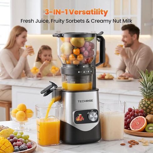 TechRise 3-in-1 Cold Press Juicer, 6" Wide Feed Chute Juicer Machines | Slow Masticating, Whole fruits & Veggies, Makes Sorbet & Nut Milk, BPA-free, Easy to Clean for Busy Mornings, Space Silver in Saudi Arabia