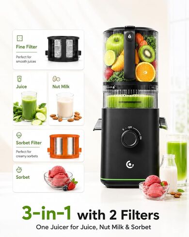 AMZCHEF Juicer Machines, 6.5" Wide Juice Press Fits Whole Fruits, Nut Milk | 3-in-1 Cold Press Juicer, Wide Chute Fits Whole Fruits & Vegetables, DC Motor, Stainless Steel Blade & Self Feeding Auger in Saudi Arabia