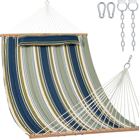 Lazy Daze Double Quilted Hammock with Carabiners & Soft Pillow for Outside | Fits 13-15 FT Stand, 2 Person Outdoor Hammock with Hardwood Spreader Bar for Patio & Backyard, 450 lbs Capacity, Blue Stripe in Kuwait