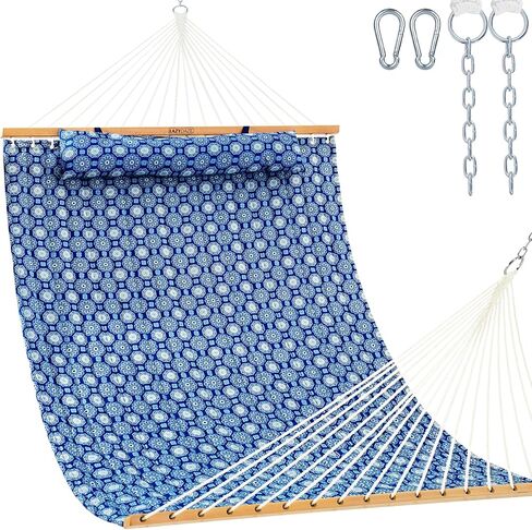 Lazy Daze 12FT Double Quilted Hammock for Outside with Pillow, Blue Floral | 2 Person Hammock with Hardwood Spreader Bar and Carabiners, Hammock without stand for Outdoor, 450lbs Weight Capacity in Kuwait