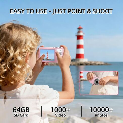 Digital Camera for Kids & Beginners 64GB SD Point and Shoot Digital Cameras | Compact pink digital camera & vlogging camera for kids. Durable drop-resistant design with tripod & 16X zoom for travel. in Saudi Arabia