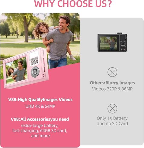 Digital Camera for Kids & Beginners 64GB SD Point and Shoot Digital Cameras | Compact pink digital camera & vlogging camera for kids. Durable drop-resistant design with tripod & 16X zoom for travel. in Saudi Arabia