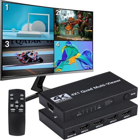 HDMI Multiviewer Switch 4x1, HDMI Quad Multi-Viewer 4 in 1 Out switcher with IR Remote, Support 4K@30Hz 1080P@60Hz and 12 Display Modes for Security Camera, Gaming Consoles in Saudi Arabia